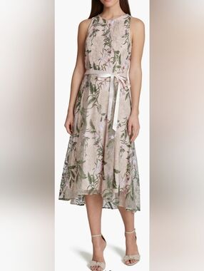 Tahari Blush Floral Embroidered High-Low Dress